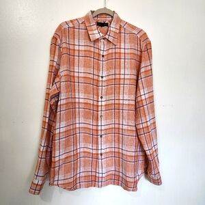 Banana Republic Shirt Mens Large Linen Orange Plaid Button Down Tailored Wide 16